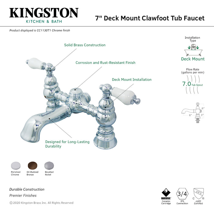 Kingston Heirloom CC1130T1 - Vintage Two-Handle 2-Hole Deck-Mount Clawfoot Tub Faucet, Polished Chrome