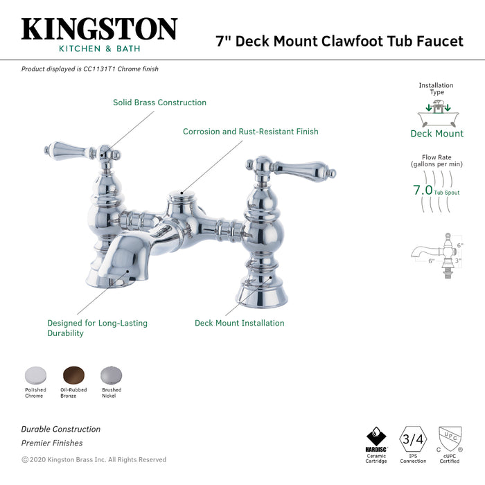 Kingston Heirloom CC1131T1 - Heritage Two-Handle 2-Hole Deck-Mount Clawfoot Tub Faucet, Polished Chrome