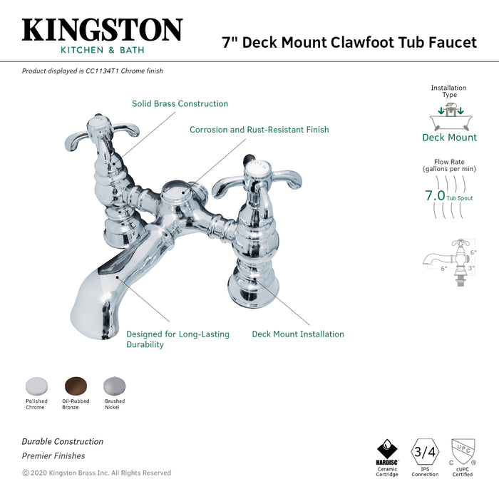Kingston Vintage CC1134T5 Two-Handle 2-Hole Deck-Mount Clawfoot Tub Faucet, Oil Rubbed Bronze
