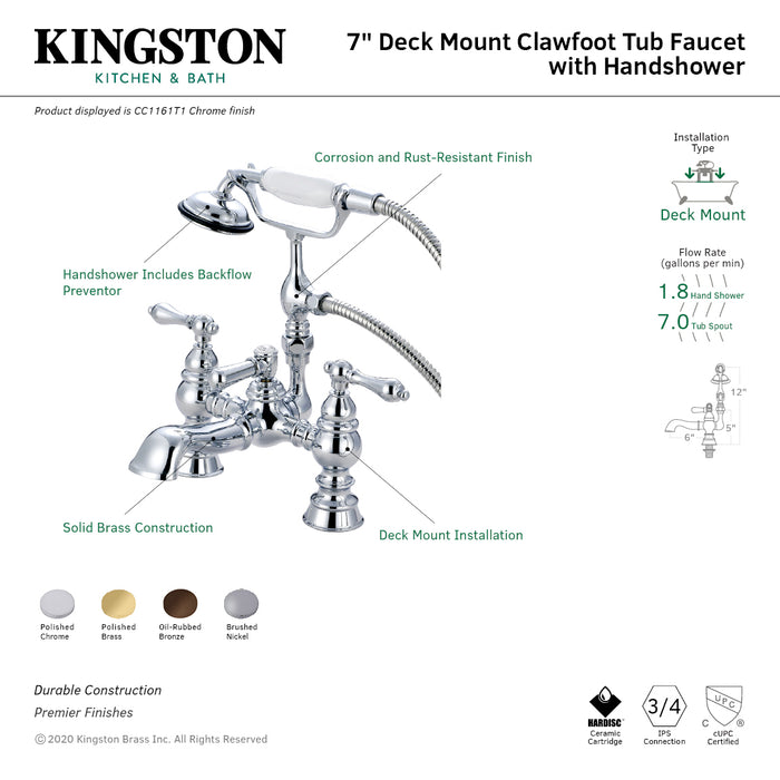 Heritage CC1161T2 Three-Handle 2-Hole Deck Mount Clawfoot Tub Faucet with Hand Shower, Polished Brass