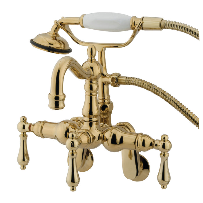 Kingston Heirloom CC1301T2 - Vintage Three-Handle 2-Hole Tub Wall Mount Clawfoot Tub Faucet with Hand Shower, Polished Brass