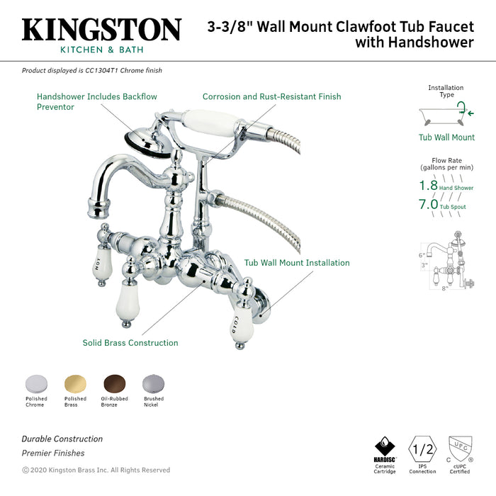 Vintage CC1303T2 Three-Handle 2-Hole Tub Wall Mount Clawfoot Tub Faucet with Hand Shower, Polished Brass
