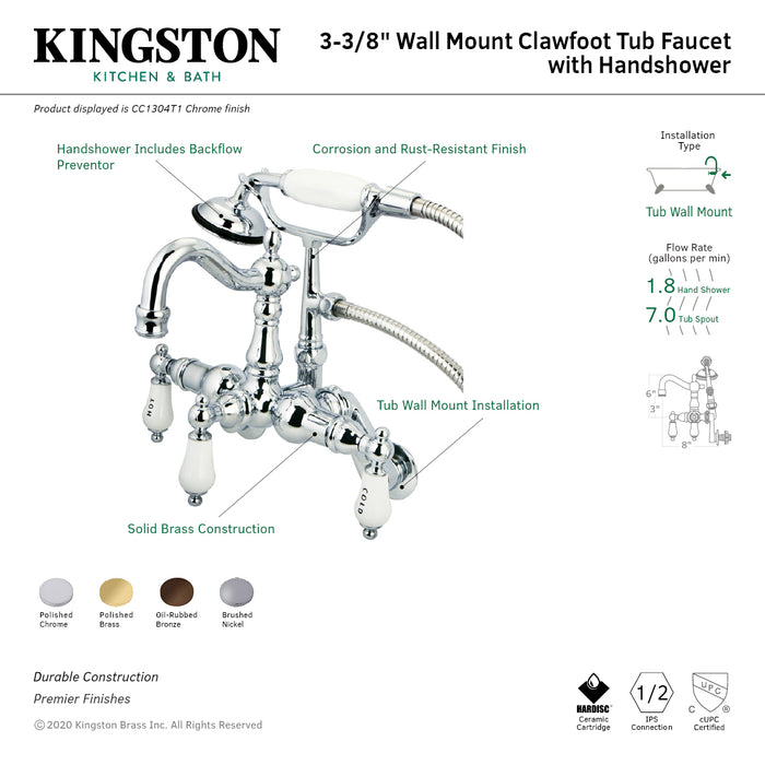 Kingston Heirloom CC1304T1 - Vintage Three-Handle 2-Hole Tub Wall Mount Clawfoot Tub Faucet with Hand Shower, Polished Chrome