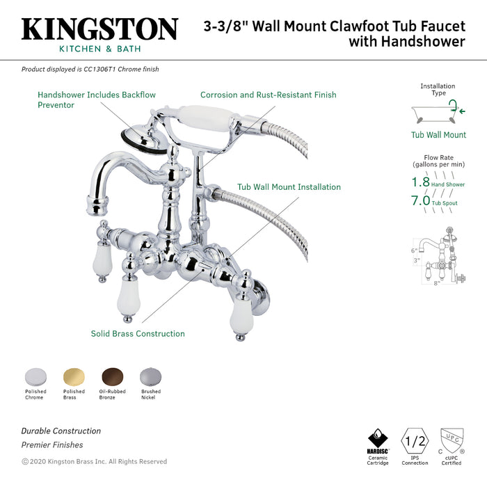 Vintage CC1305T2 Three-Handle 2-Hole Tub Wall Mount Clawfoot Tub Faucet with Hand Shower, Polished Brass