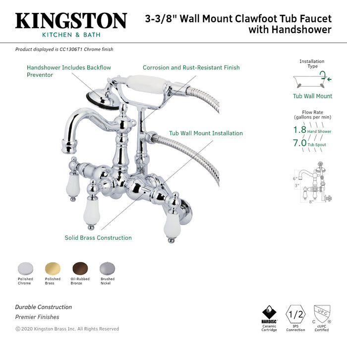 Kingston Heirloom CC1305T8 - Vintage Three-Handle 2-Hole Tub Wall Mount Clawfoot Tub Faucet with Hand Shower, Brushed Nickel