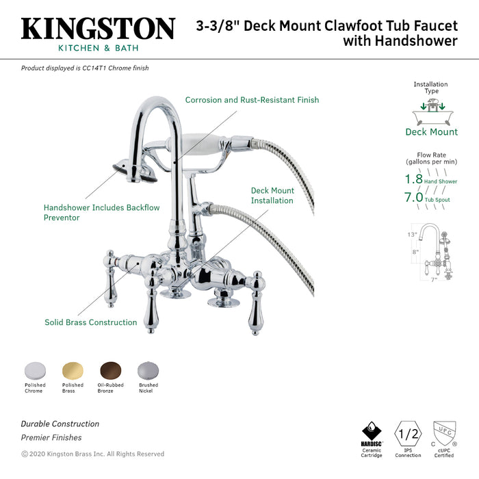 Vintage CC13T2 Three-Handle 2-Hole Deck-Mount Clawfoot Tub Faucet with Hand Shower, Polished Brass