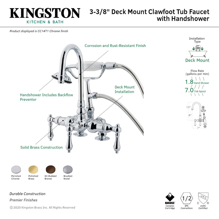 Vintage CC13T5 Three-Handle 2-Hole Deck Mount Clawfoot Tub Faucet with Hand Shower, Oil Rubbed Bronze