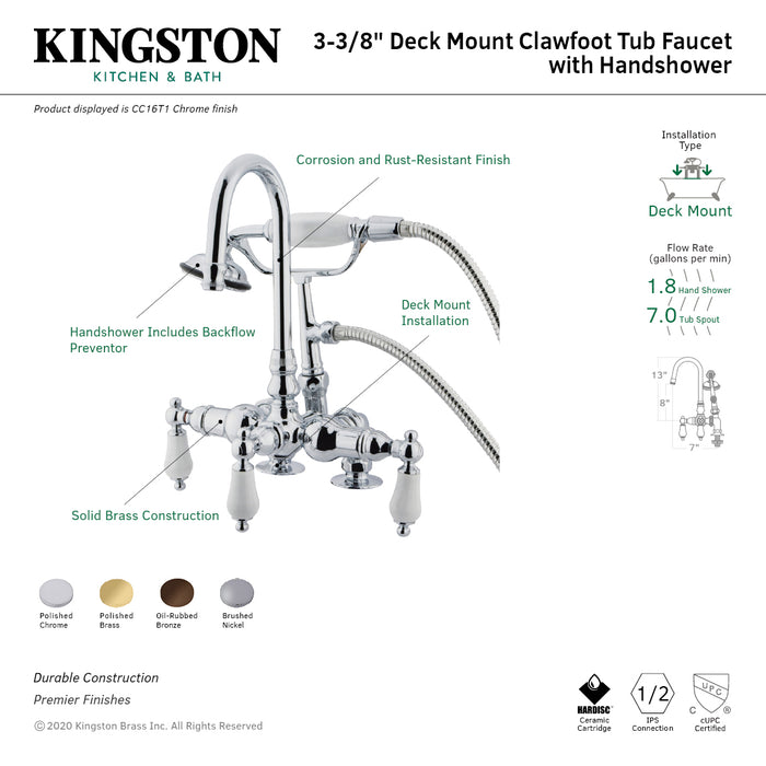Vintage CC15T2 Three-Handle 2-Hole Deck Mount Clawfoot Tub Faucet with Hand Shower, Polished Brass