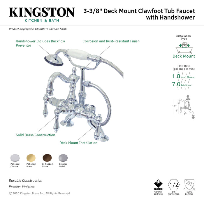 Kingston Heirloom CC2007T8 - Vintage Three-Handle 2-Hole Deck-Mount Clawfoot Tub Faucet with Hand Shower, Brushed Nickel