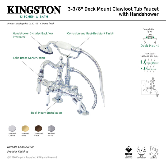 Kingston Heirloom CC2009T2 - Vintage Three-Handle 2-Hole Deck-Mount Clawfoot Tub Faucet with Hand Shower, Polished Brass
