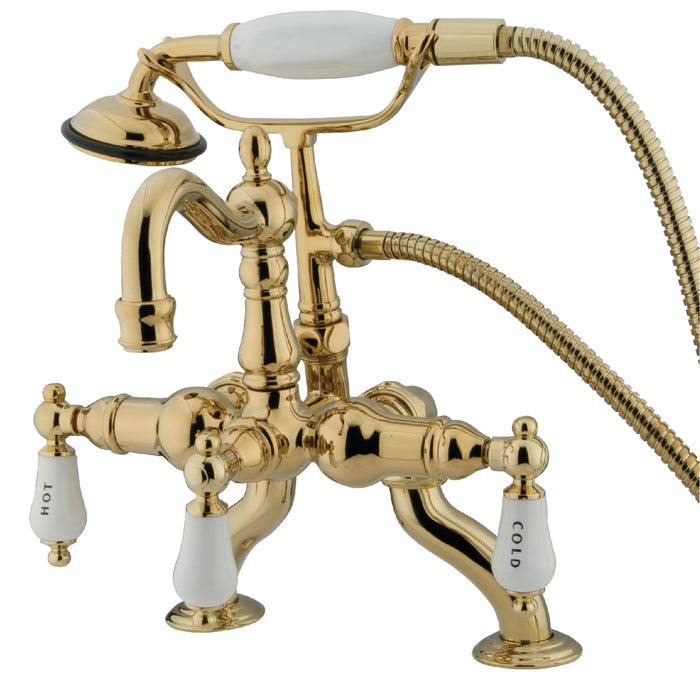 Kingston Heirloom CC2009T2 - Vintage Three-Handle 2-Hole Deck-Mount Clawfoot Tub Faucet with Hand Shower, Polished Brass