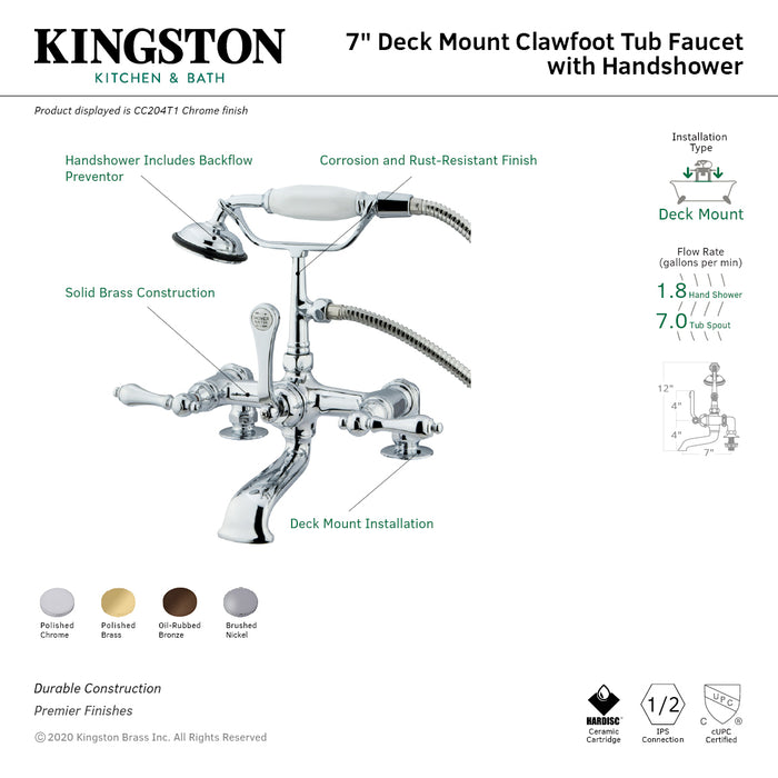 Kingston Heirloom CC203T5 - Vintage Three-Handle 2-Hole Deck-Mount Clawfoot Tub Faucet with Hand Shower, Oil Rubbed Bronze