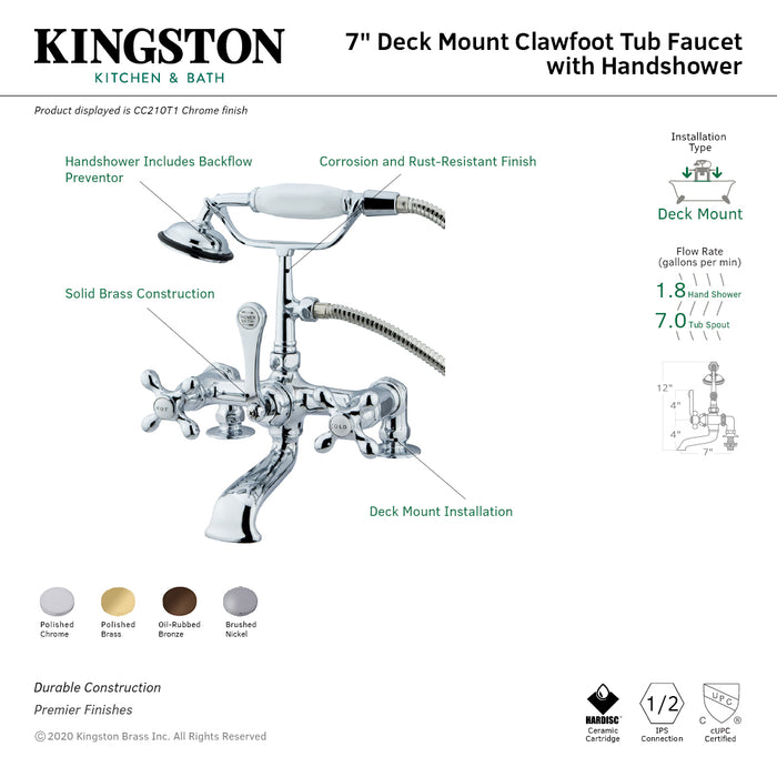 Vintage CC210T1 Three-Handle 2-Hole Deck Mount Clawfoot Tub Faucet with Hand Shower, Polished Chrome