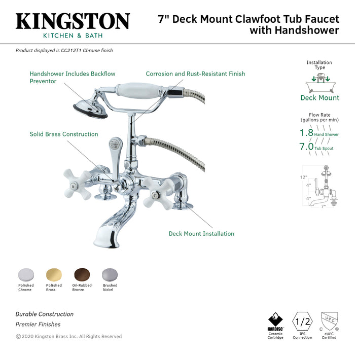 Vintage CC211T8 Three-Handle 2-Hole Deck Mount Clawfoot Tub Faucet with Hand Shower, Brushed Nickel