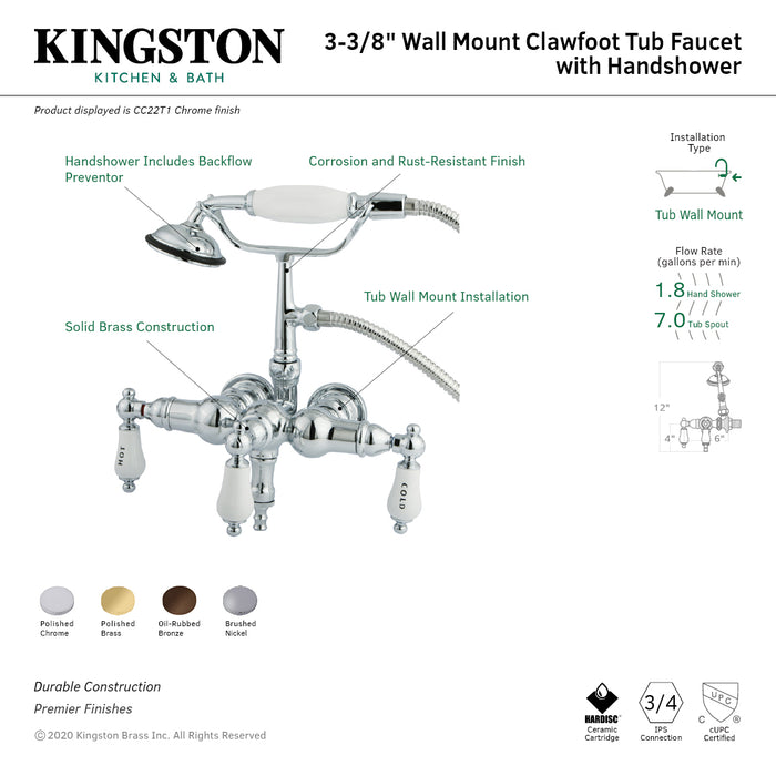 Kingston Heirloom CC21T2 - Vintage Three-Handle 2-Hole Tub Wall Mount Clawfoot Tub Faucet with Hand Shower, Polished Brass