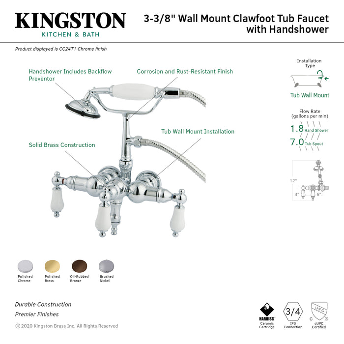 Kingston Heirloom CC23T8 - Vintage Three-Handle 2-Hole Tub Wall Mount Clawfoot Tub Faucet with Hand Shower, Brushed Nickel