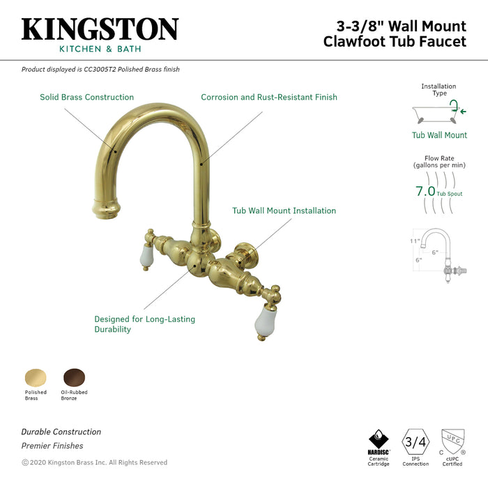 Kingston Vintage CC3005T5 Two-Handle 2-Hole Tub Wall Mount Clawfoot Tub Faucet, Oil Rubbed Bronze