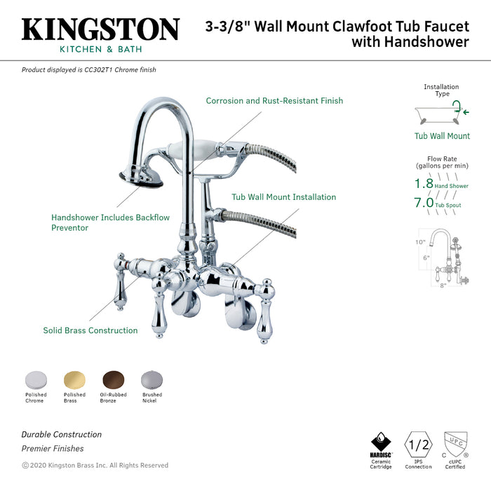 Vintage CC301T2 Three-Handle 2-Hole Tub Wall Mount Clawfoot Tub Faucet with Hand Shower, Polished Brass