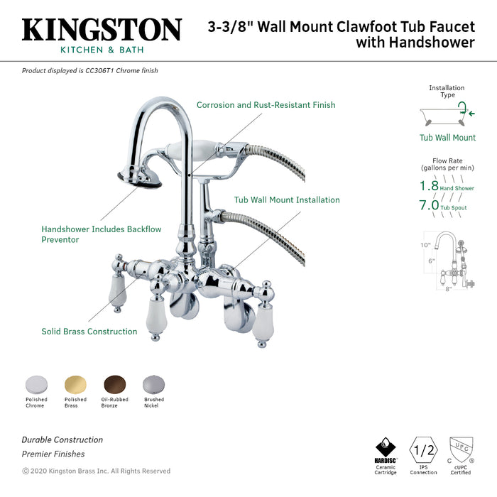 Kingston Heirloom CC305T8 - Vintage Three-Handle 2-Hole Tub Wall Mount Clawfoot Tub Faucet with Hand Shower, Brushed Nickel