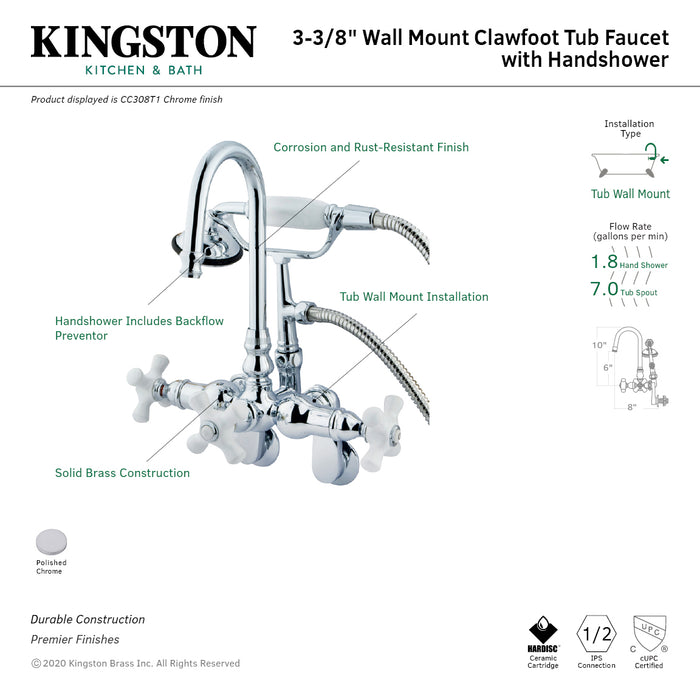 Vintage CC308T1 Three-Handle 2-Hole Tub Wall Mount Clawfoot Tub Faucet with Hand Shower, Polished Chrome