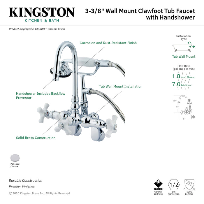 Kingston Heirloom CC308T1 - Vintage Three-Handle 2-Hole Tub Wall Mount Clawfoot Tub Faucet with Hand Shower, Polished Chrome