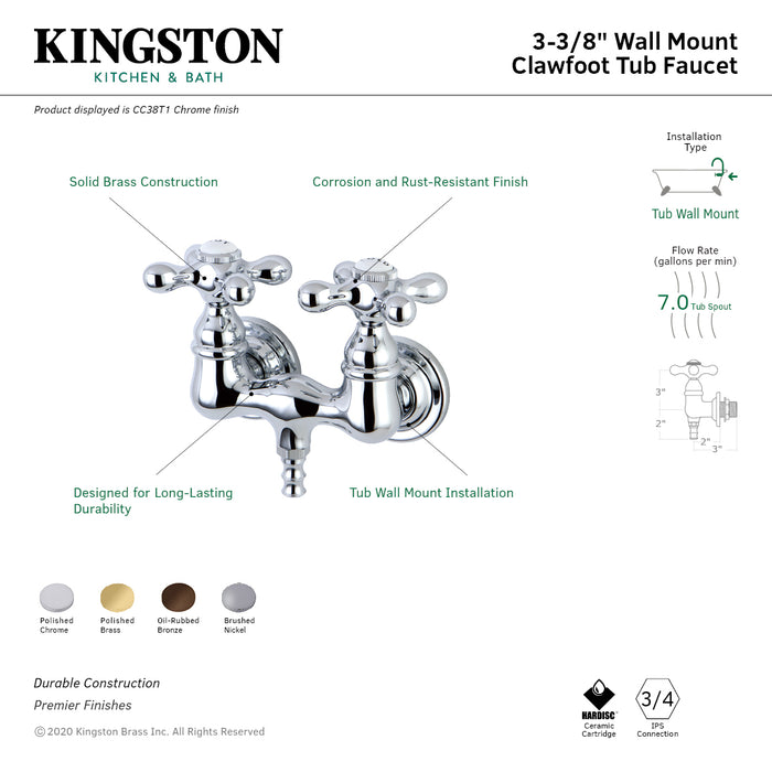 Kingston Heirloom CC37T2 - Vintage Two-Handle 2-Hole Tub Wall Mount Tub Faucet, Polished Brass