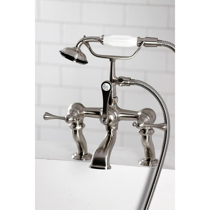 Kingston Heirloom CC409T8BLThree-Handle 2-Hole Deck-Mount Clawfoot Tub Faucet with Hand Shower, Brushed Nickel