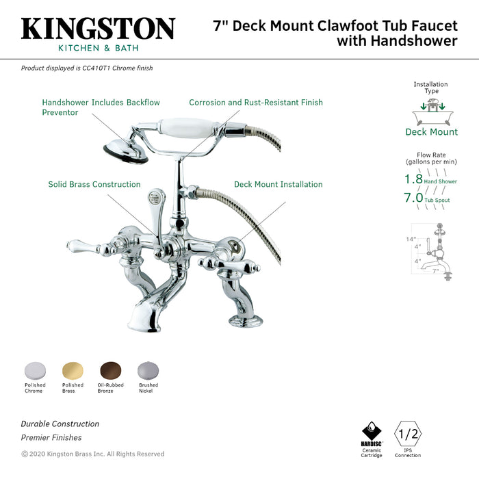 Kingston Heirloom CC410T1 - Vintage Three-Handle 2-Hole Deck-Mount Clawfoot Tub Faucet with Hand Shower, Polished Chrome
