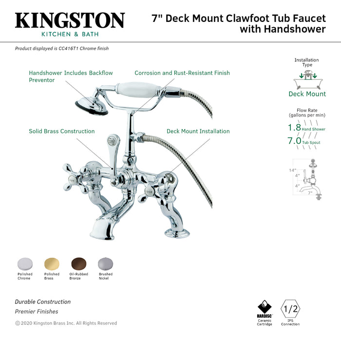 Kingston Heirloom CC415T8 - Vintage Three-Handle 2-Hole Deck-Mount Clawfoot Tub Faucet with Hand Shower, Brushed Nickel