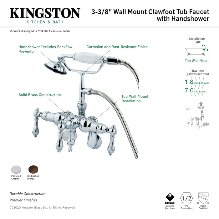 Kingston Heirloom CC419T5 - Vintage Three-Handle 2-Hole Tub Wall Mount Clawfoot Tub Faucet with Hand Shower, Oil Rubbed Bronze