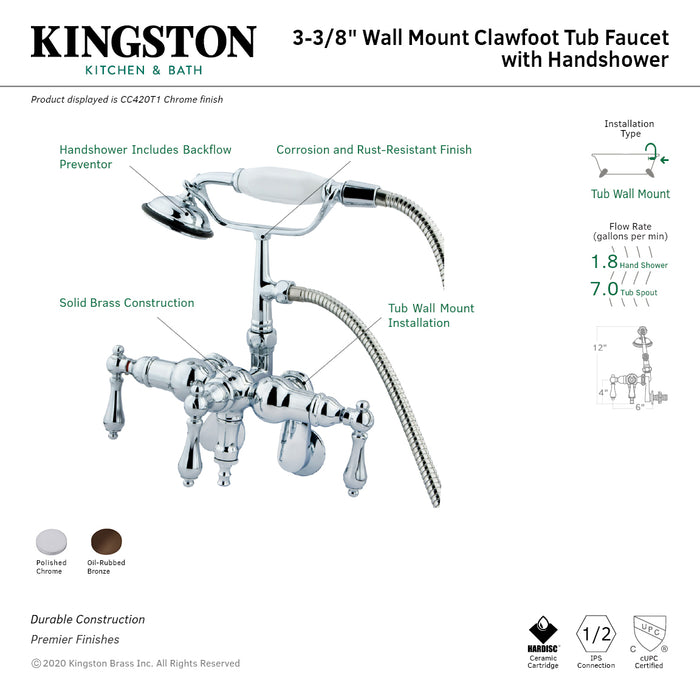 Vintage CC419T5 Three-Handle 2-Hole Tub Wall Mount Clawfoot Tub Faucet with Hand Shower, Oil Rubbed Bronze