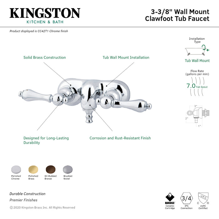 Kingston Heirloom CC41T8 - Vintage Two-Handle 2-Hole Tub Wall Mount Clawfoot Tub Faucet, Brushed Nickel