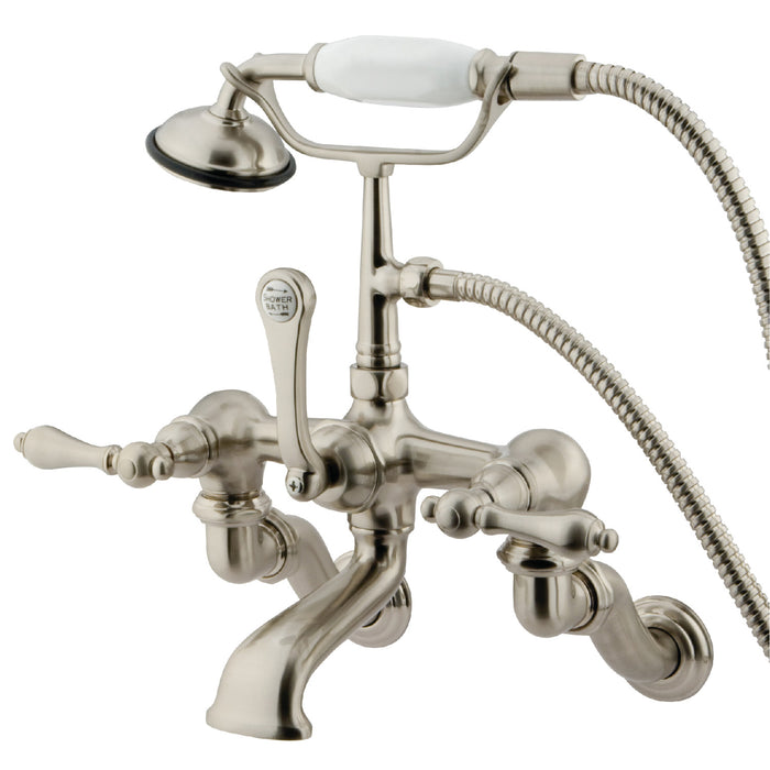 Kingston Heirloom CC457T8 - Vintage Three-Handle 2-Hole Tub Wall Mount Clawfoot Tub Faucet with Hand Shower, Brushed Nickel