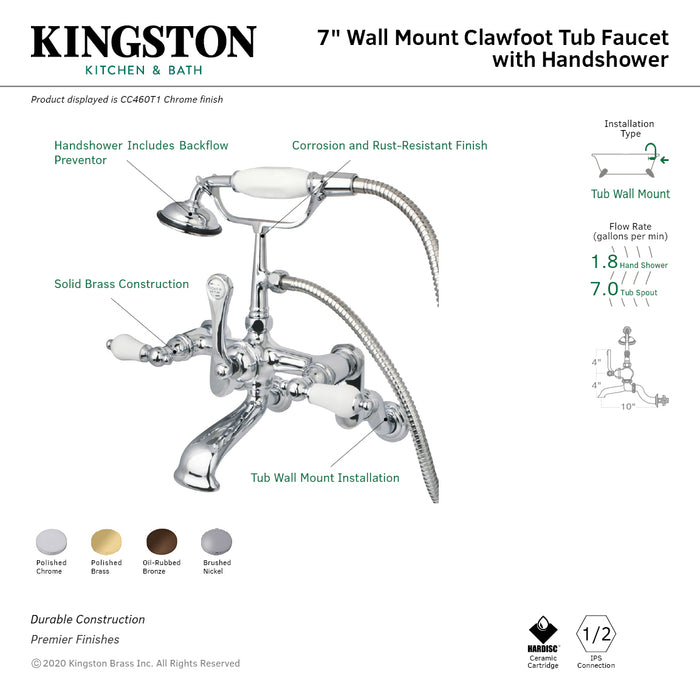 Vintage CC459T2 Three-Handle 2-Hole Tub Wall Mount Clawfoot Tub Faucet with Hand Shower, Polished Brass