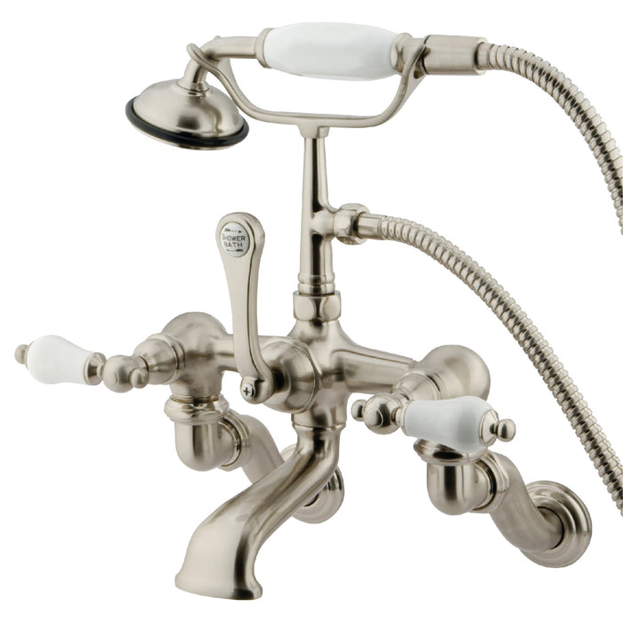 Kingston Heirloom CC459T8 - Vintage Three-Handle 2-Hole Tub Wall Mount Clawfoot Tub Faucet with Hand Shower, Brushed Nickel