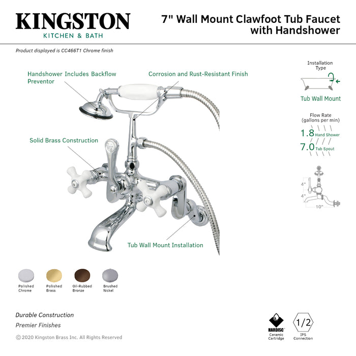 Vintage CC465T5 Three-Handle 2-Hole Tub Wall Mount Clawfoot Tub Faucet with Hand Shower, Oil Rubbed Bronze