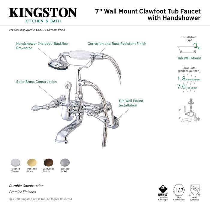 Kingston Heirloom CC51T2 - Vintage Three-Handle 2-Hole Tub Wall Mount Clawfoot Tub Faucet with Hand Shower, Polished Brass
