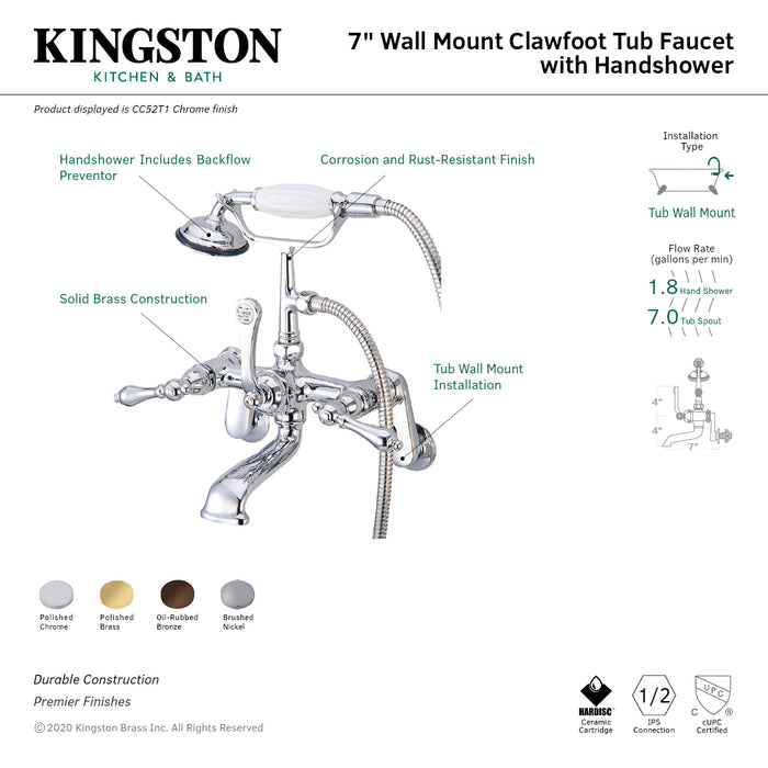 Vintage CC51T2 Three-Handle 2-Hole Tub Wall Mount Clawfoot Tub Faucet with Hand Shower, Polished Brass