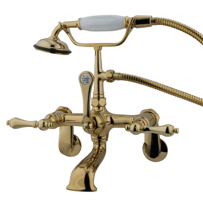 Kingston Heirloom CC51T2 - Vintage Three-Handle 2-Hole Tub Wall Mount Clawfoot Tub Faucet with Hand Shower, Polished Brass