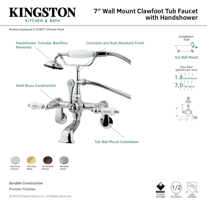 Vintage CC53T2 Three-Handle 2-Hole Tub Wall Mount Clawfoot Tub Faucet with Hand Shower, Polished Brass