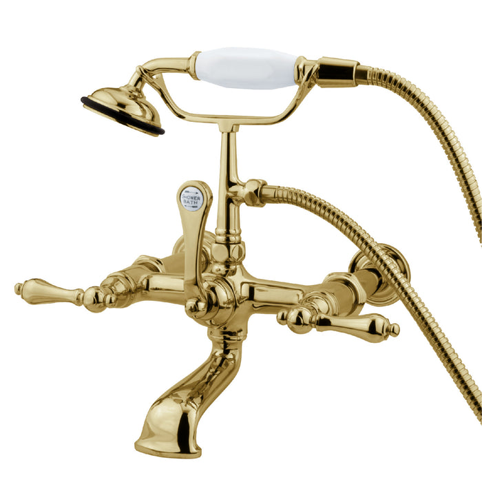Kingston Heirloom CC541T2 - Vintage Three-Handle 2-Hole Tub Wall Mount Clawfoot Tub Faucet with Hand Shower, Polished Brass