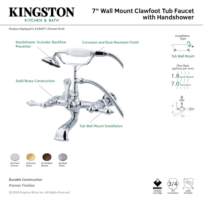 Vintage CC541T5 Three-Handle 2-Hole Tub Wall Mount Clawfoot Tub Faucet with Hand Shower, Oil Rubbed Bronze