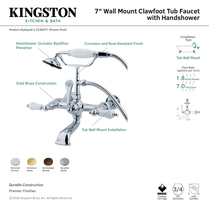 Kingston Heirloom CC543T2 - Vintage Three-Handle 2-Hole Tub Wall Mount Clawfoot Tub Faucet with Hand Shower, Polished Brass