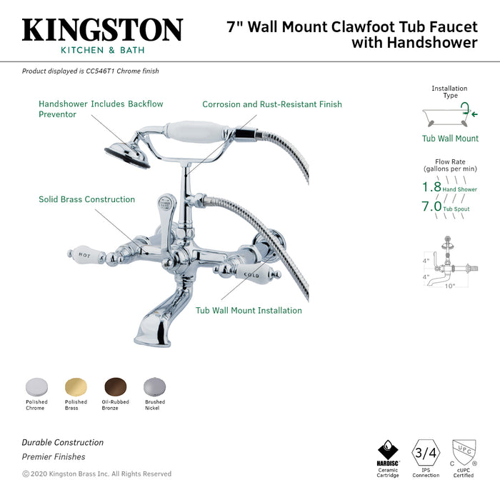 Kingston Heirloom CC546T1 - Vintage Three-Handle 2-Hole Tub Wall Mount Clawfoot Tub Faucet with Hand Shower, Polished Chrome