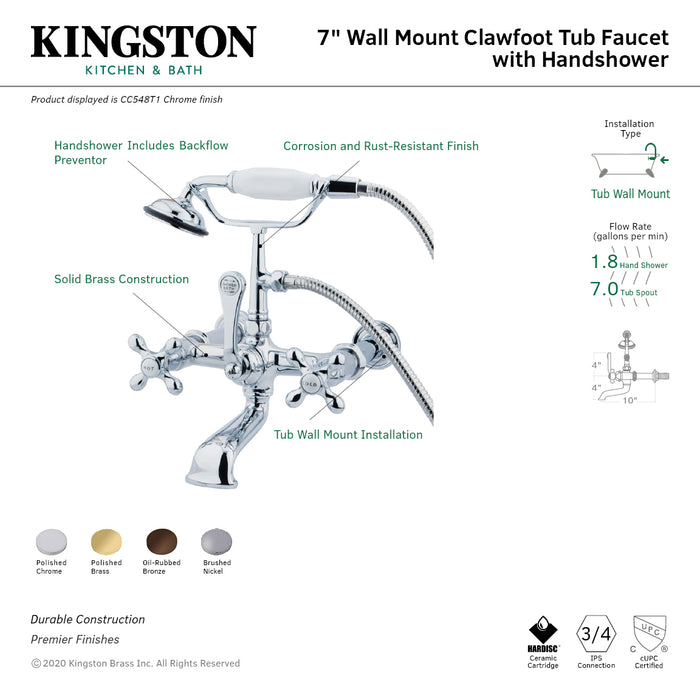 Vintage CC547T2 Three-Handle 2-Hole Tub Wall Mount Clawfoot Tub Faucet with Hand Shower, Polished Brass