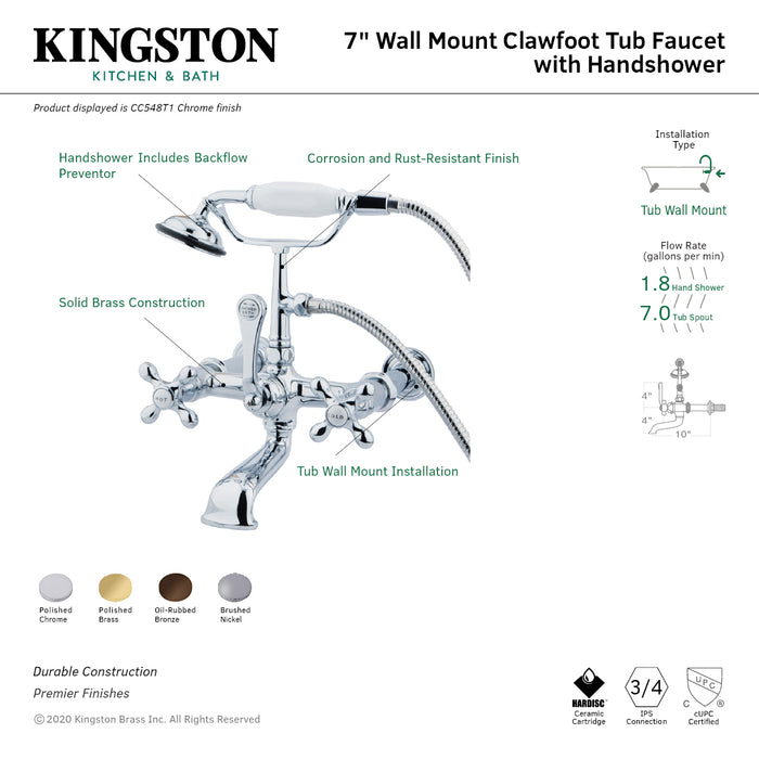 Kingston Heirloom CC547T5 - Vintage Three-Handle 2-Hole Tub Wall Mount Clawfoot Tub Faucet with Hand Shower, Oil Rubbed Bronze