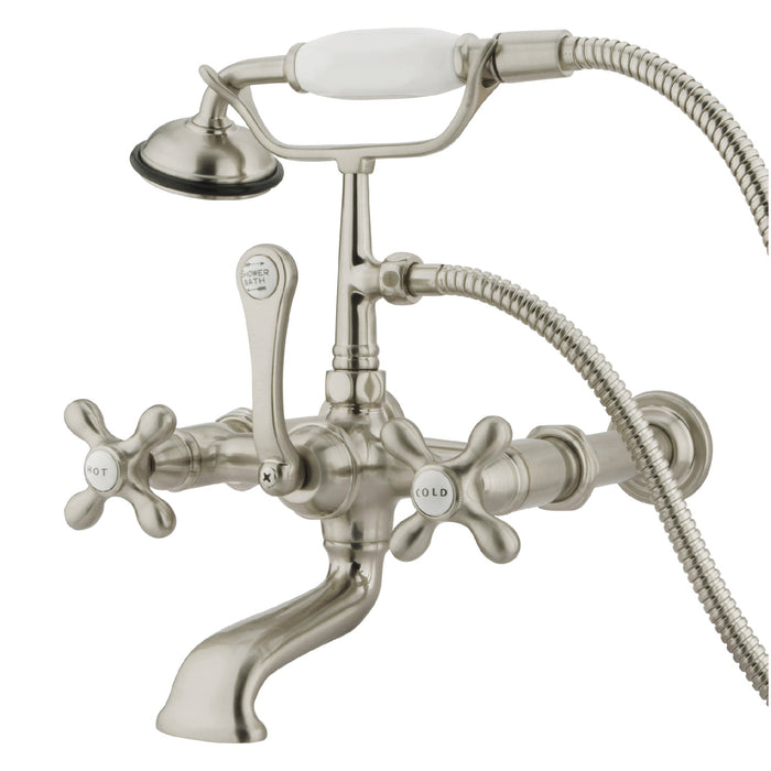 Kingston Heirloom CC547T8 - Vintage Three-Handle 2-Hole Tub Wall Mount Clawfoot Tub Faucet with Hand Shower, Brushed Nickel