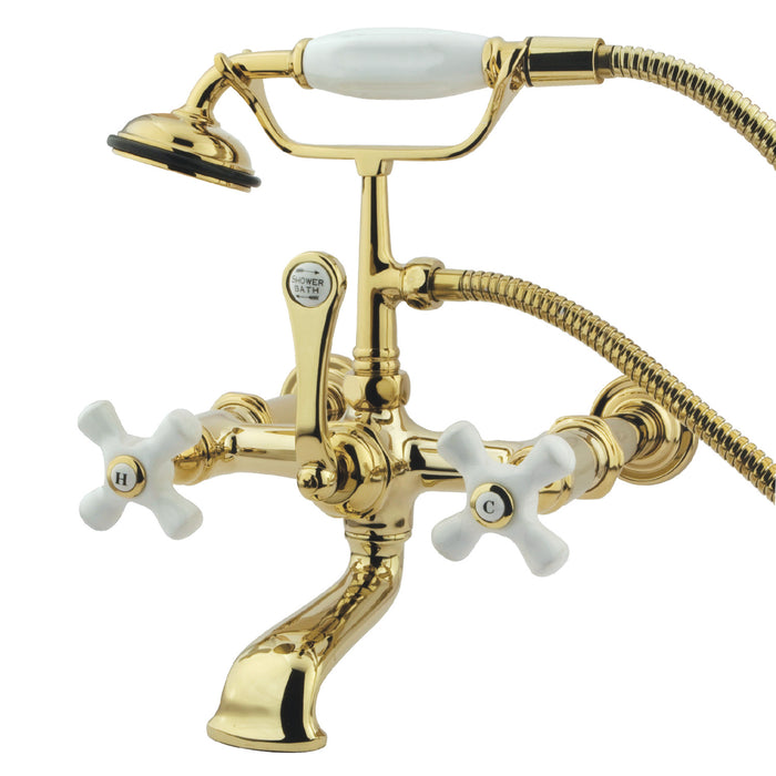 Kingston Heirloom CC549T2 - Vintage Three-Handle 2-Hole Tub Wall Mount Clawfoot Tub Faucet with Hand Shower, Polished Brass