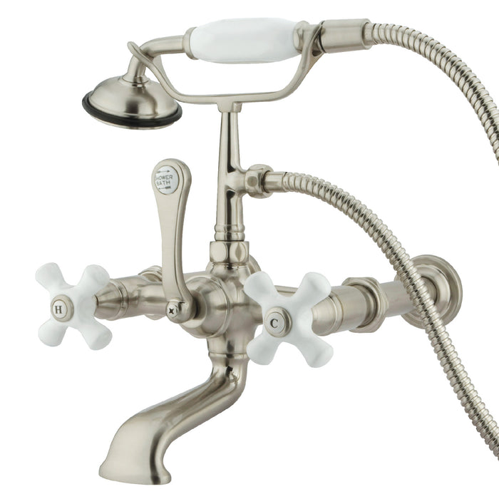 Kingston Heirloom CC549T8 - Vintage Three-Handle 2-Hole Tub Wall Mount Clawfoot Tub Faucet with Hand Shower, Brushed Nickel