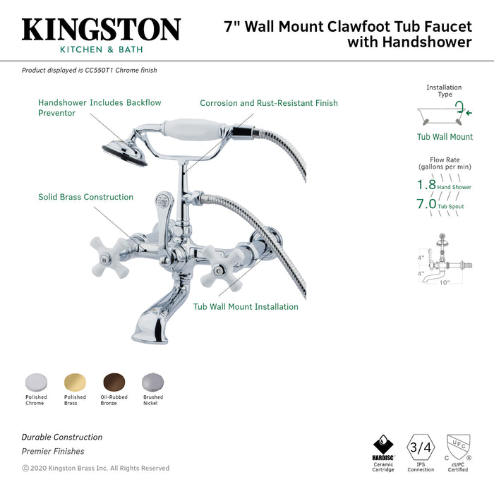Vintage CC550T1 Three-Handle 2-Hole Tub Wall Mount Clawfoot Tub Faucet with Hand Shower, Polished Chrome